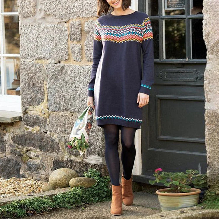 Robe Tricotée Femme avec Motif Nordique et Col Montant