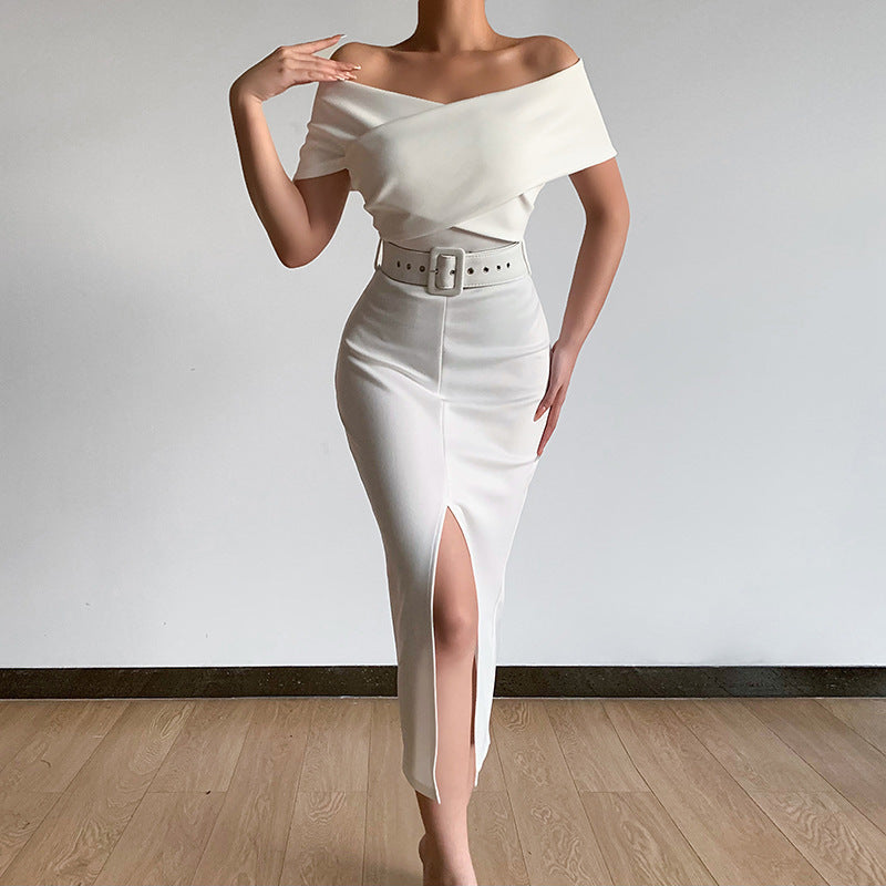 Robe Maxi Off-Shoulder pour Femme avec Ceinture à la Taille et Fente Latérale R&B