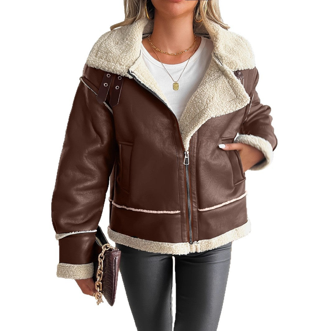 Veste en simili cuir pour femmes avec doublure en teddy et fermeture éclair