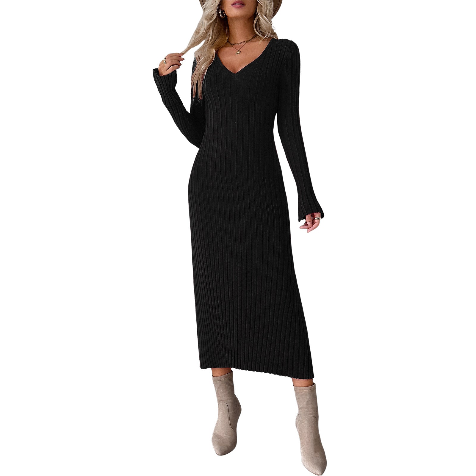 Robe midi en maille côtelée cintrée pour femmes avec décolleté en V profond, couture sculptante et manches longues Echo Archiv