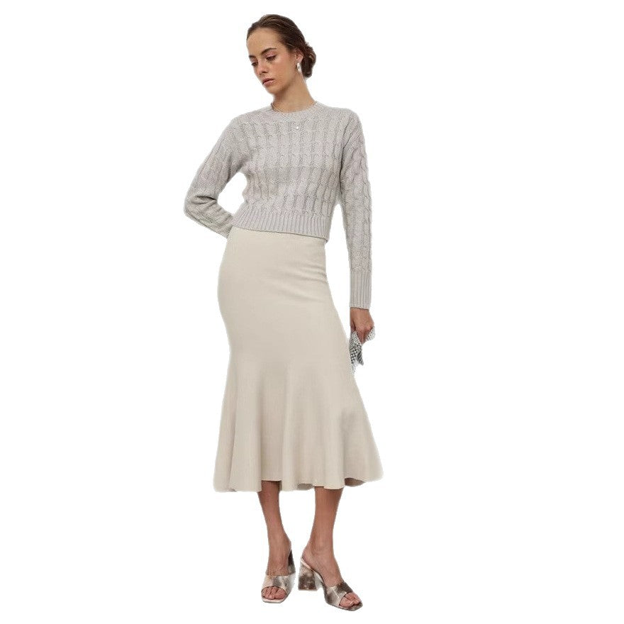 Pull en tricot torsadé pour femmes, coupe courte, col rond et bords côtelés