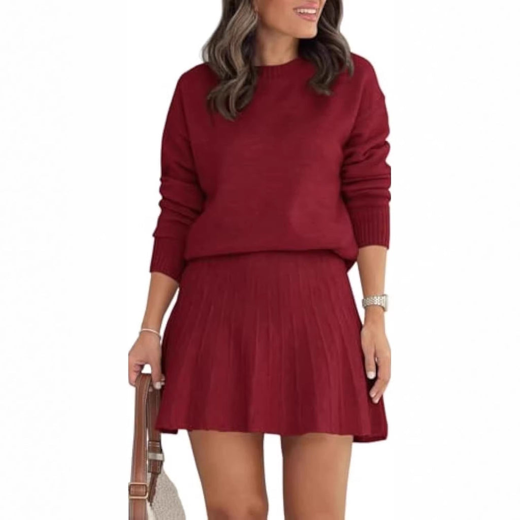 Ensemble en tricot pour femmes avec pull à col rond et mini-jupe plissée