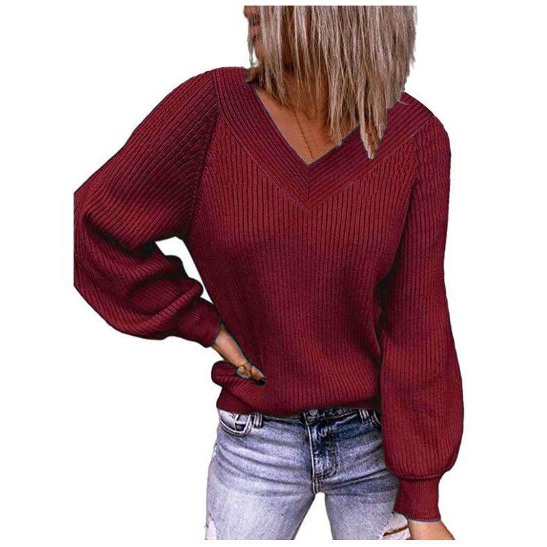 Pull à col en V côtelé pour femmes avec manches ballon et coupe décontractée Echoarchiv