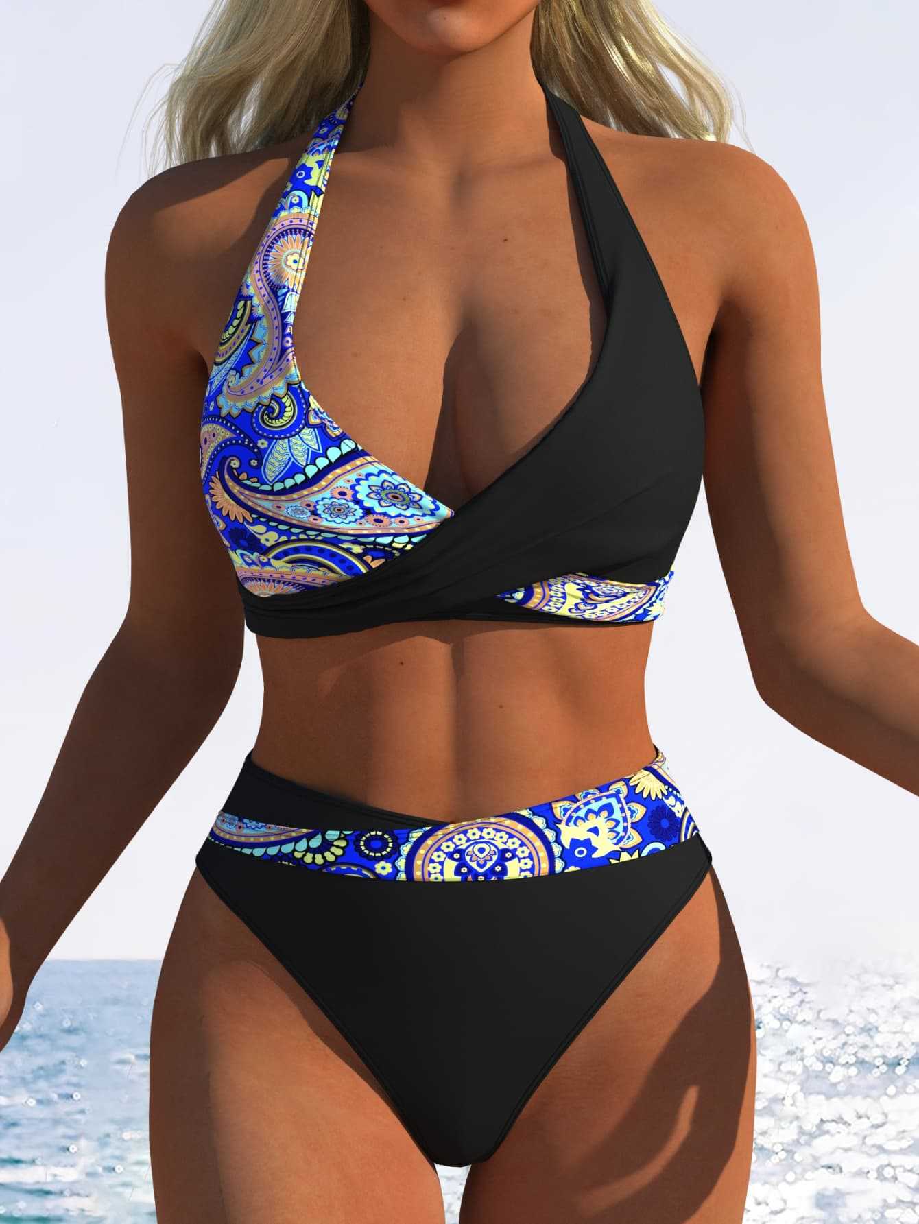 Maillot de bain femme taille haute avec haut à nouer tendance et ceinture élastique R&B