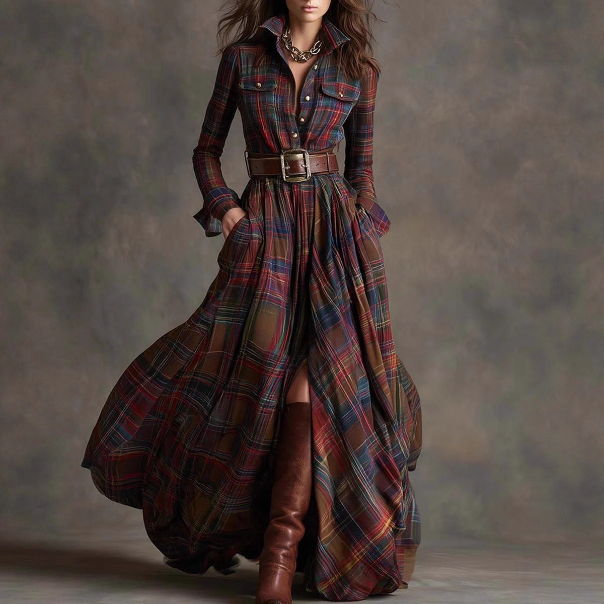 Robe Maxi à Carreaux pour Femmes avec Haut de Chemise, Taille Cintrée et Poches Latérales Echoarchiv