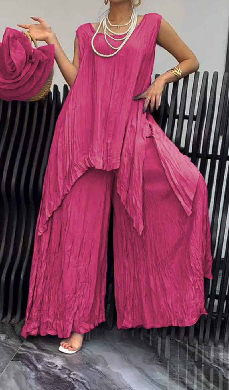 Ensemble léger à effet froissé pour femmes avec tunique sans manches et pantalon palazzo R&B