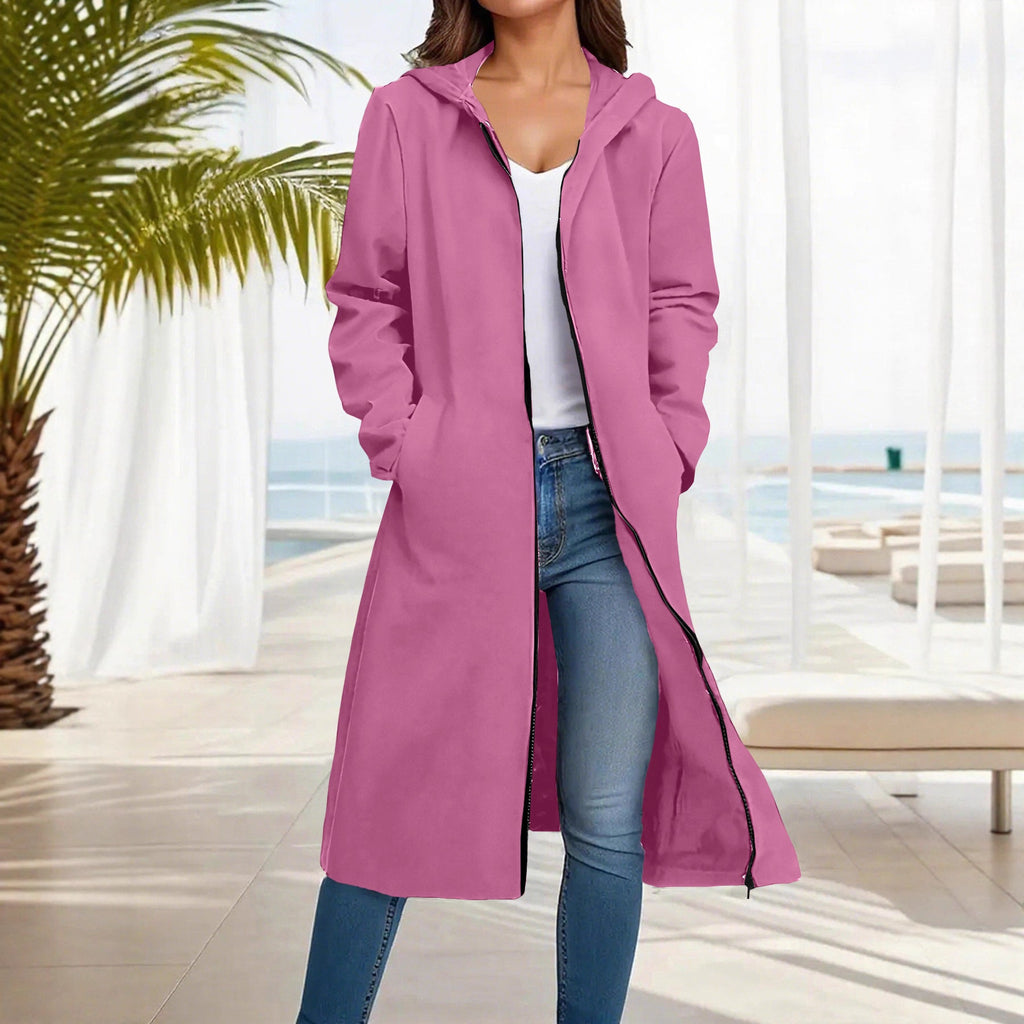 Manteau long à capuche pour femmes avec fermeture éclair intégrale et coupe A décontractée Echoarchiv