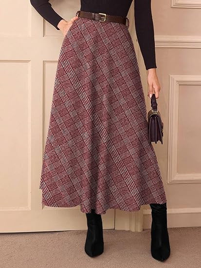 Jupe midi à carreaux en A pour femmes avec taille haute et poches latérales