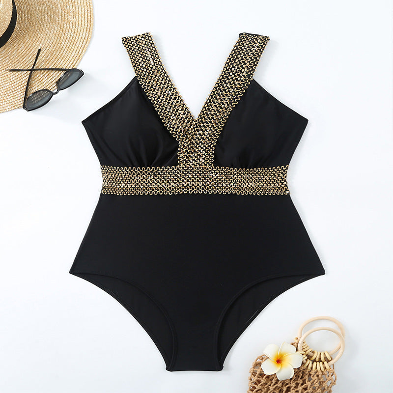 Maillot de bain une pièce pour femmes avec détails dorés décoratifs R&B