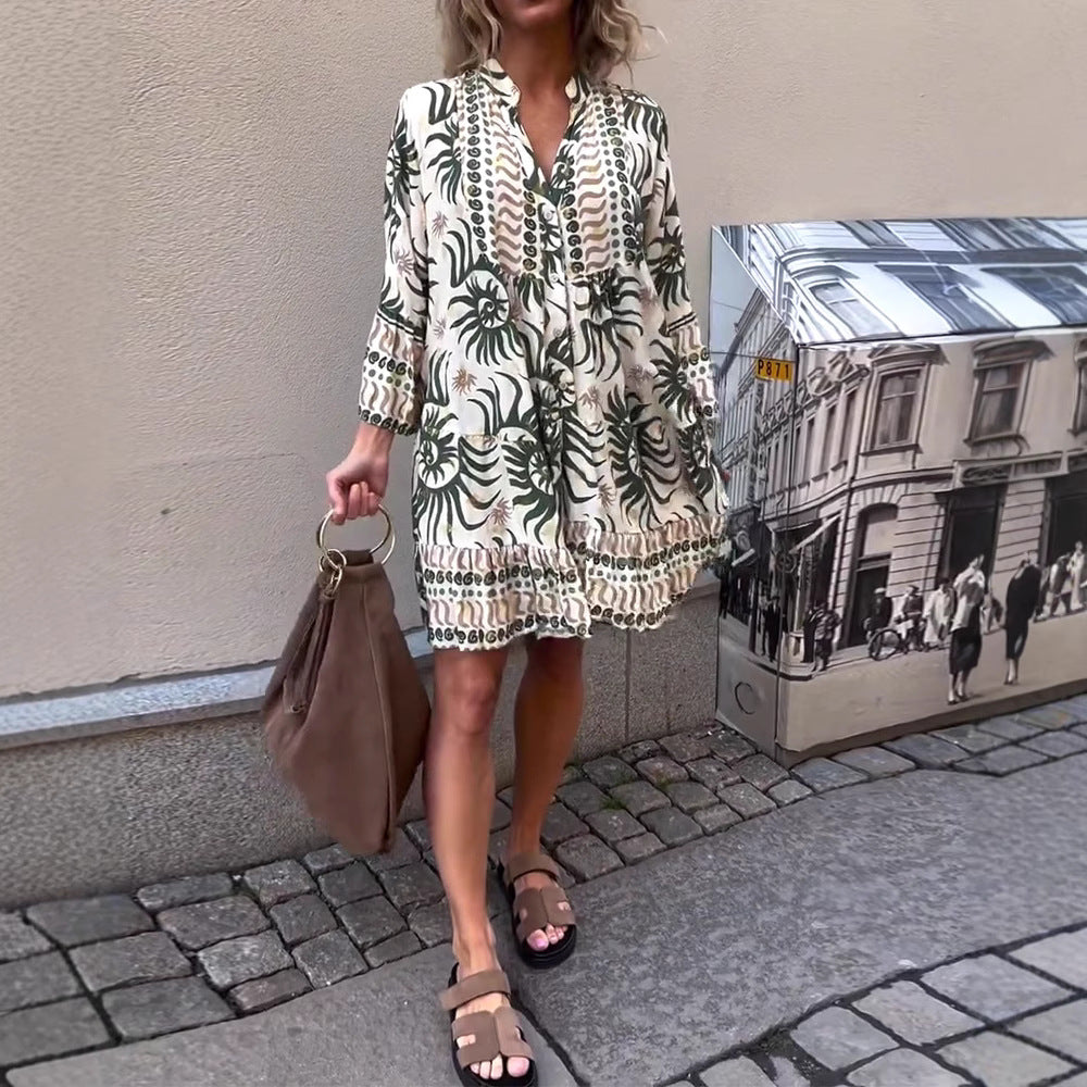 Tunique en viscose légère pour femmes avec patte de boutonnage, taille empire froncée, poignets élastiques et volants R&B
