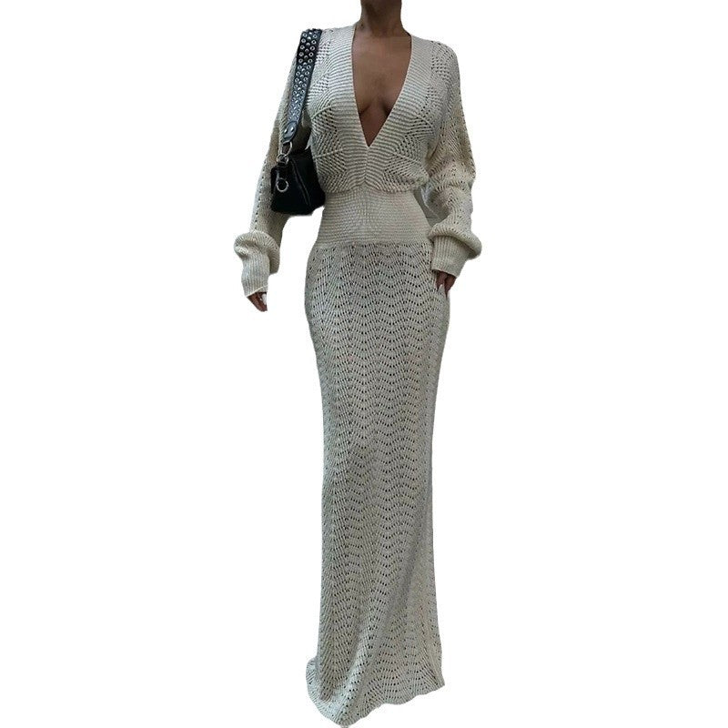 Robe maxi élégante en crochet pour femmes avec décolleté en V profond R&B