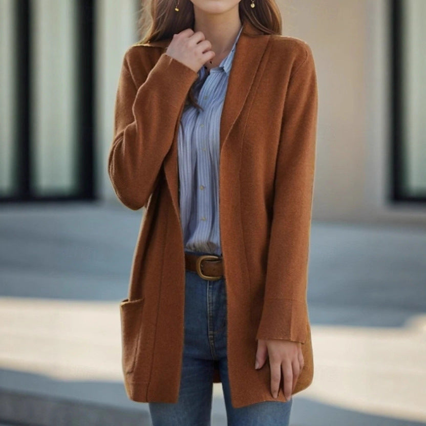 Cardigan long ouvert pour femmes en tricot doux avec poches plaquées