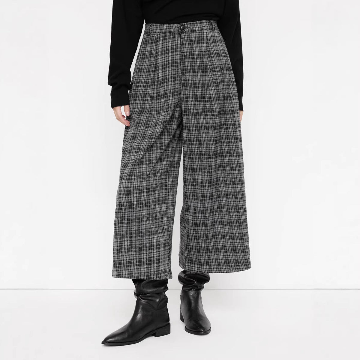 Pantalon large en culotte pour femmes avec motif à carreaux et taille haute