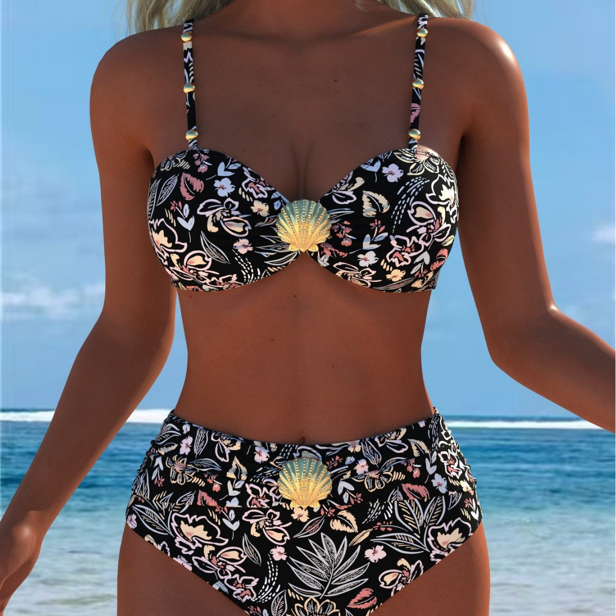 Bikini balconnet pour femmes avec taille haute et détail décoratif en coquillage R&B