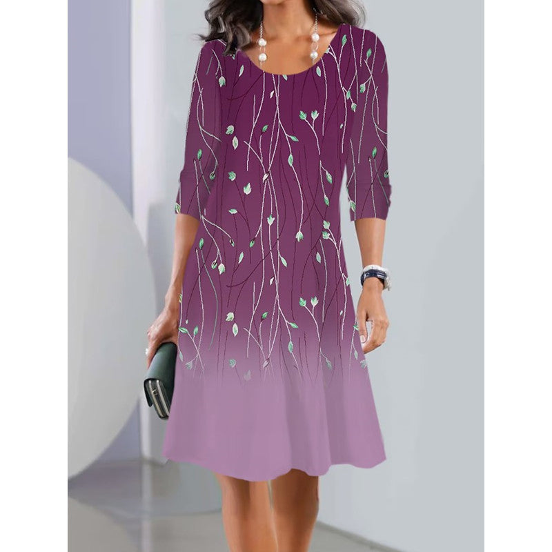 Robe A-ligne pour femmes avec imprimé floral, décolleté en U, manches trois-quarts et doux dégradé Ombre Echoarchiv