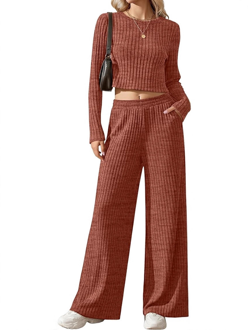Ensemble Lounge en Tricot Fins Côtelé pour Femmes avec Top à Manches Longues Court et Pantalon Palazzo Taille Haute Echoarchiv