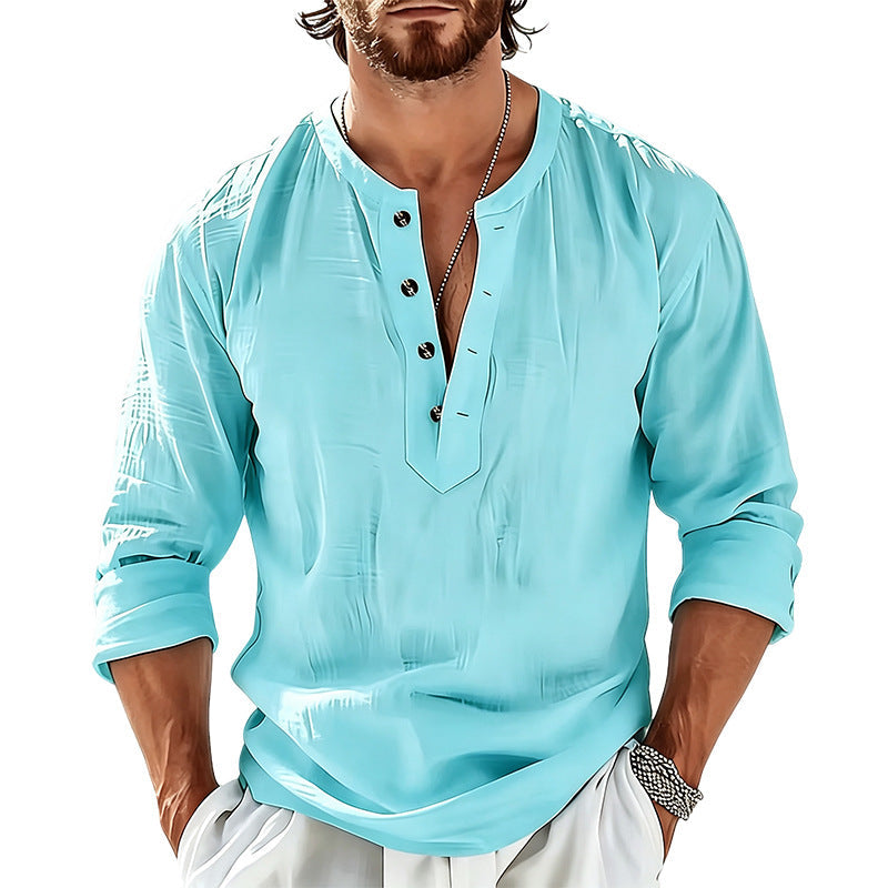Chemise à manches longues en lin léger pour homme avec col mandarin Echoarchiv