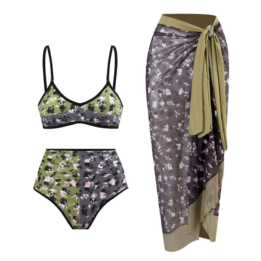 Bikini taille haute pour femmes avec motif floral et détail contrastant R&B