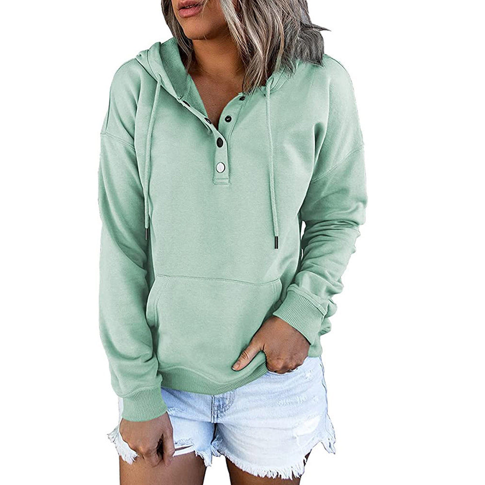 Sweat à capuche pour femmes avec patte de boutonnage Henley, poche kangourou et coupe décontractée Echoarchiv