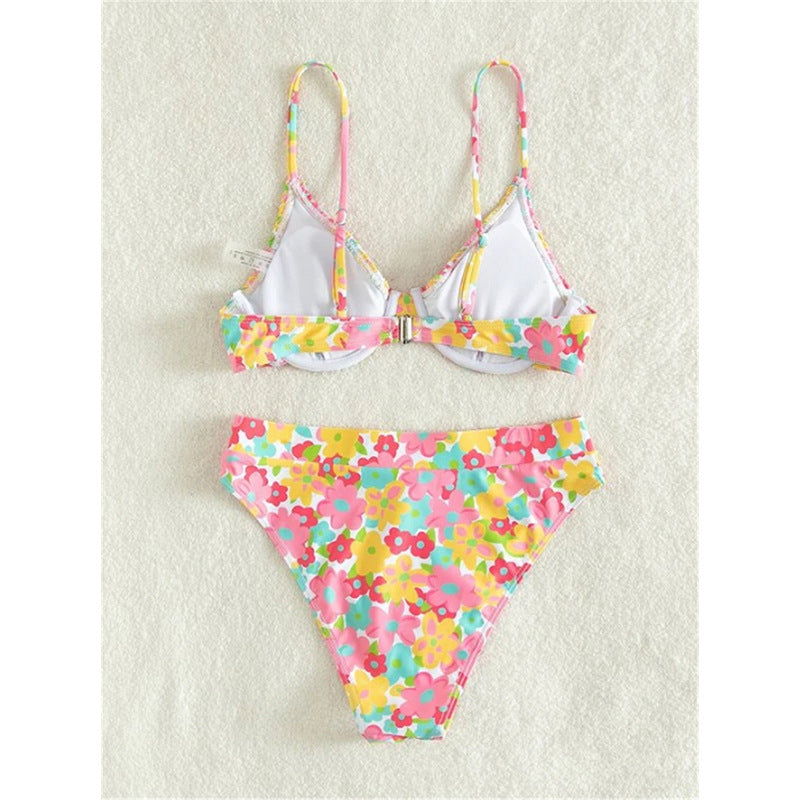 Bikini femme à taille haute avec motif floral et fines bretelles R&B