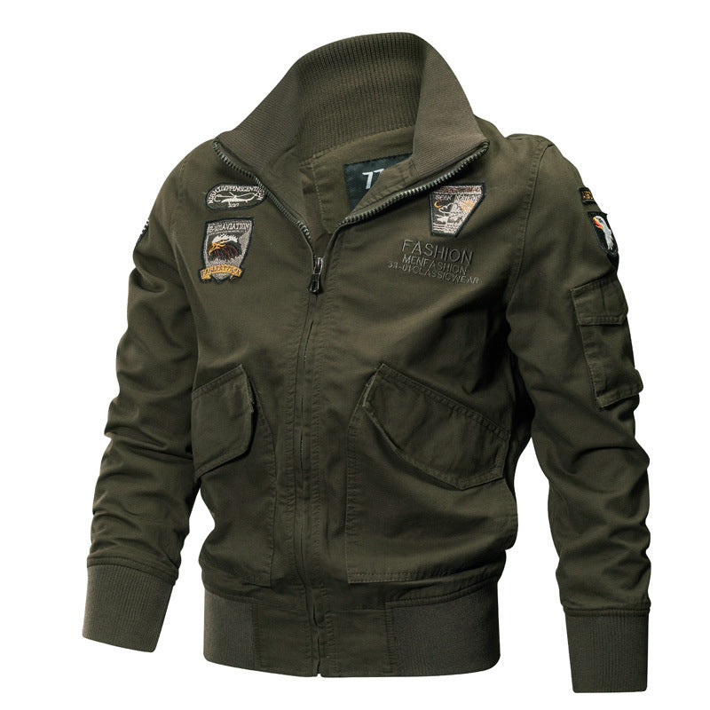Veste de pilote inspirée vintage pour hommes en toile avec emblèmes brodés, fermeture éclair cachée et poches tactiques Echo Archiv