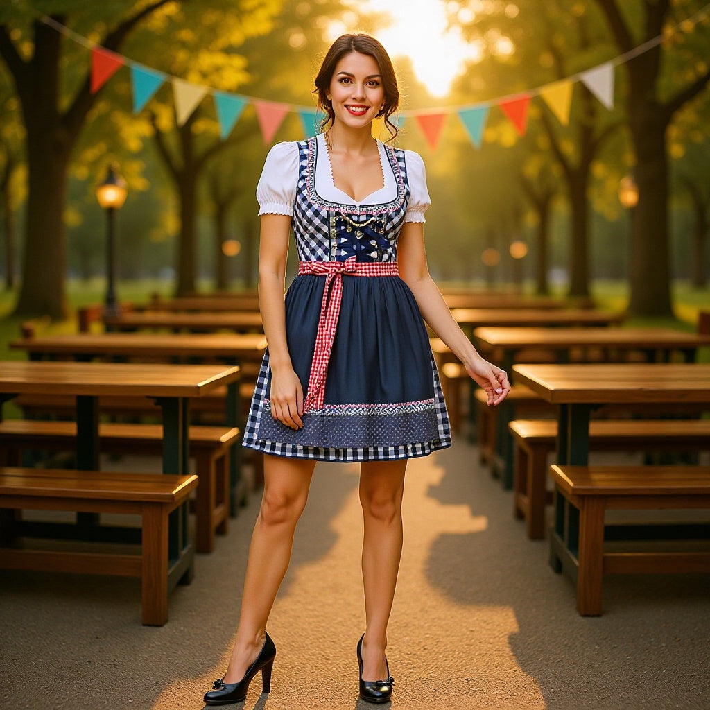 Dirndl traditionnel court pour femmes avec décolleté en cœur, corset à lacets et tablier à carreaux Echo Archiv