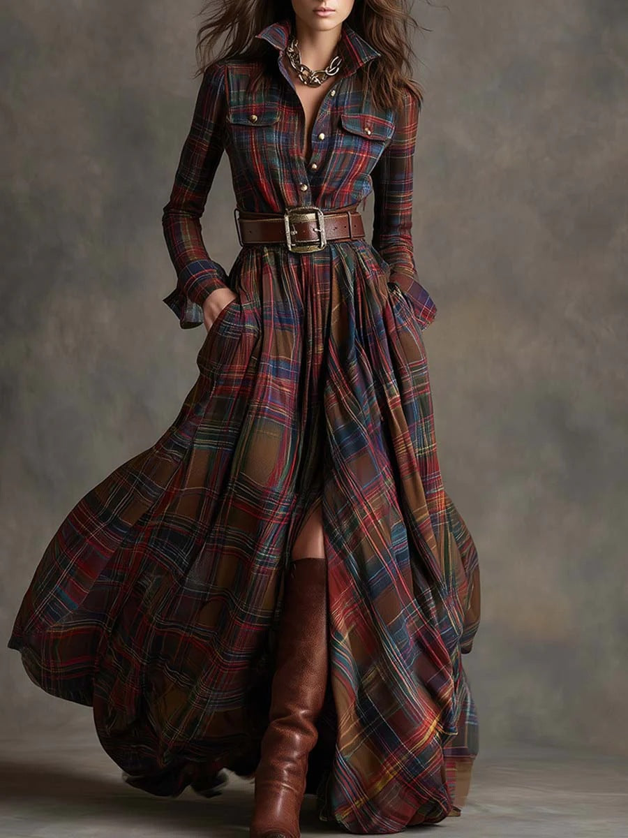 Robe Maxi à Carreaux pour Femmes avec Haut de Chemise, Taille Cintrée et Poches Latérales Echoarchiv
