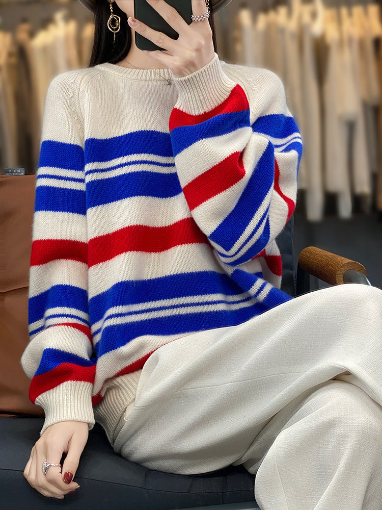 Pull oversized pour femmes avec rayures et col rond