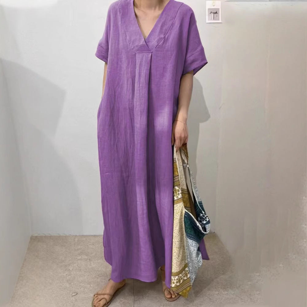 Robe longue en lin pour femmes avec décolleté en V et coupe décontractée R&B