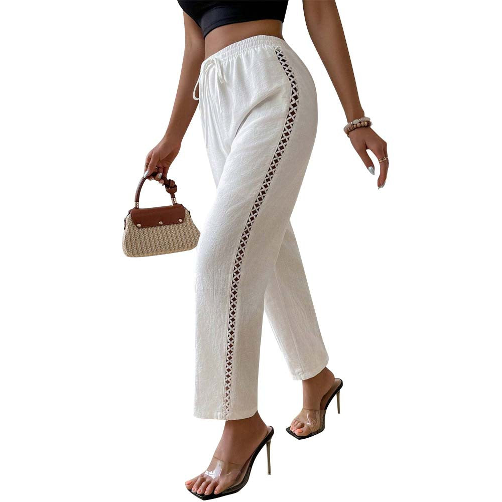 Pantalon décontracté en lin pour femmes avec taille élastique, cordon de serrage et insertion en dentelle latérale