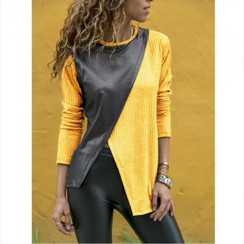 T-shirt long asymétrique pour femmes avec overlay en simili cuir et tricot côtelé Echo Archive