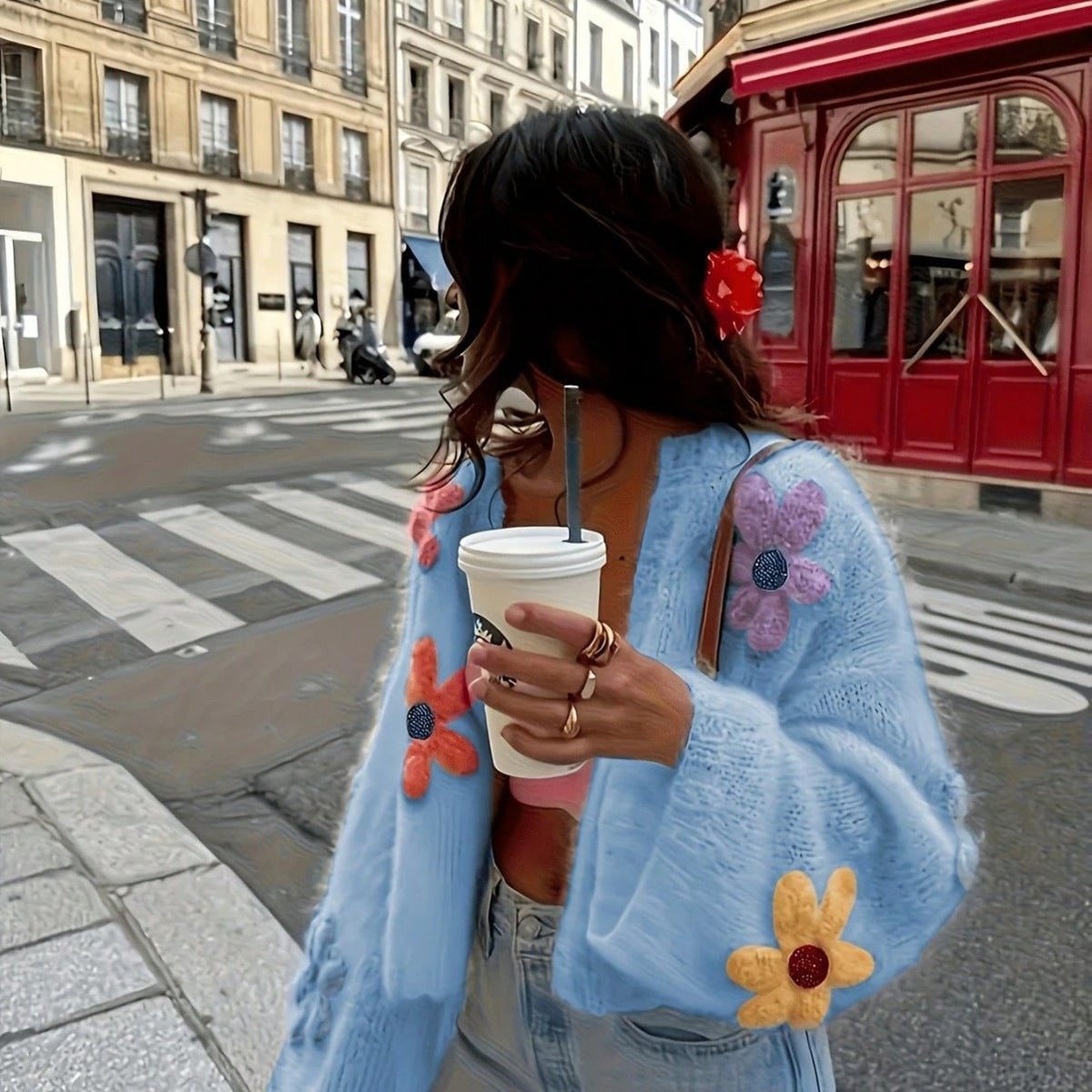 Cardigan en maille oversize pour femmes avec appliqués floraux 3D Echoarchiv