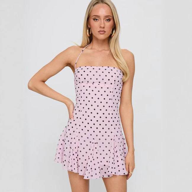 Robe mini sans manches à encolure halter pour femmes avec corsage cintré et jupe évasée R&B