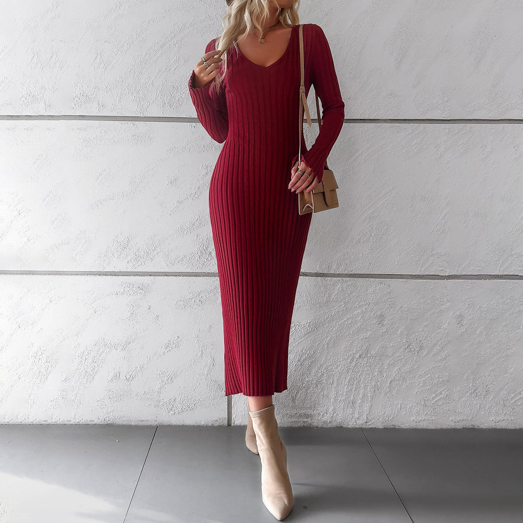 Robe midi en maille côtelée cintrée pour femmes avec décolleté en V profond, couture sculptante et manches longues Echo Archiv