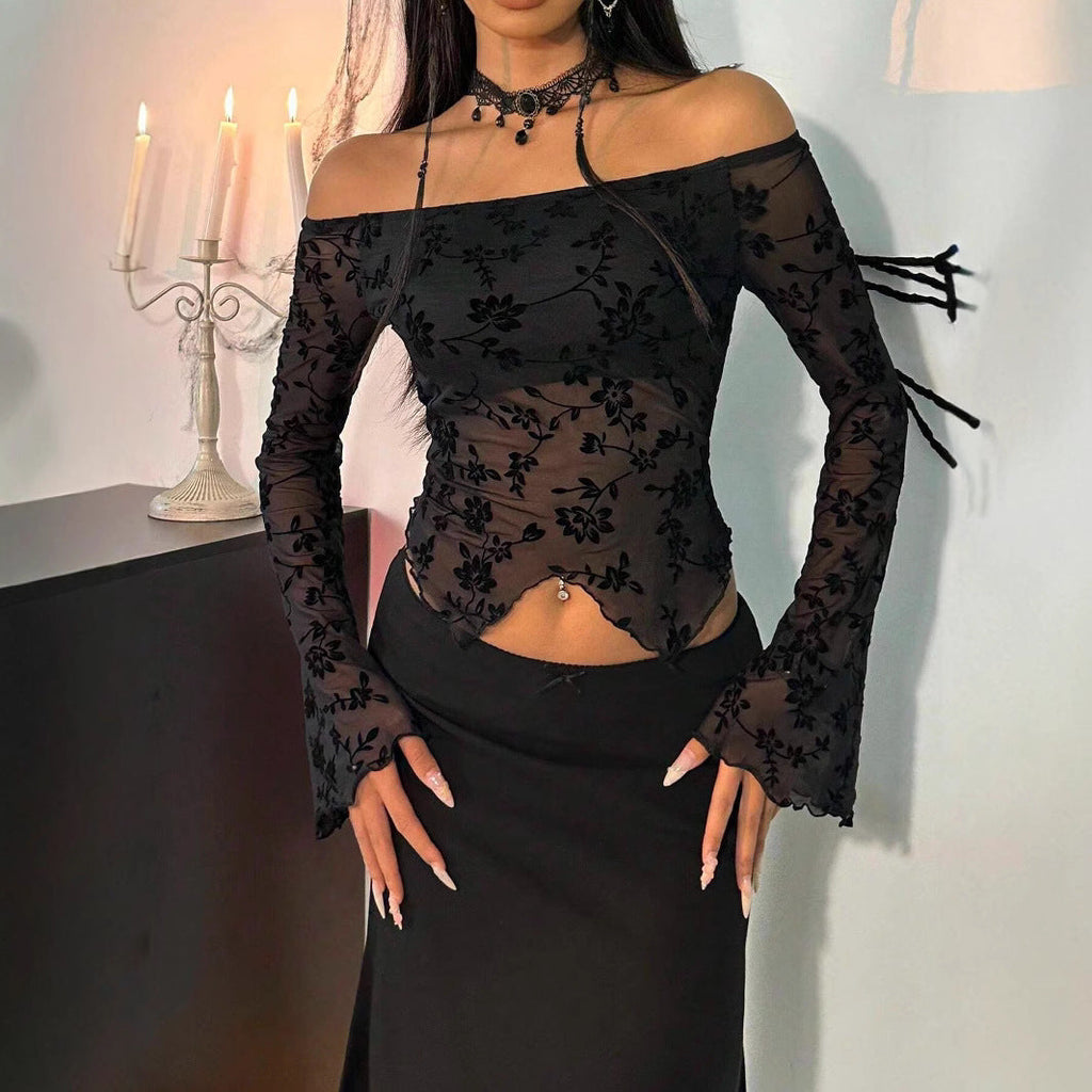 Top en maille transparent pour femmes avec application en velours floral, décolleté Carmen et ourlet court R&B
