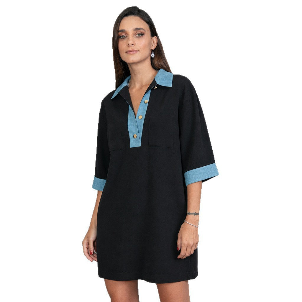 Tunique polo oversize pour femmes avec col contrasté et poches poitrine plaquées