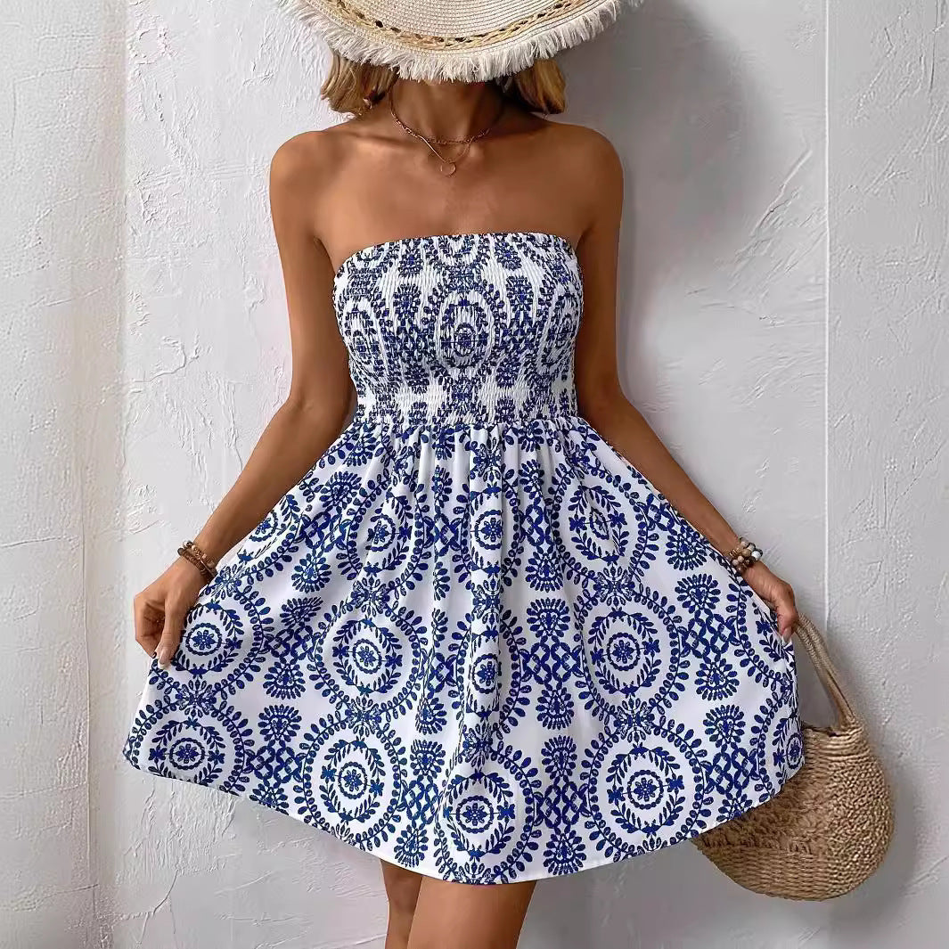 Robe d'été sans épaules pour femmes avec haut froncé et jupe évasée R&B
