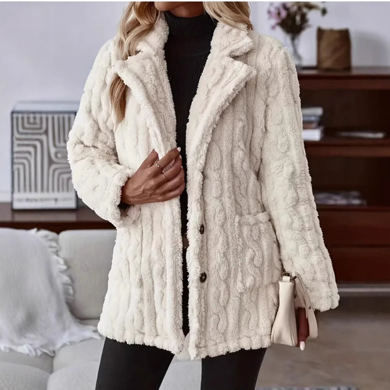 Manteau Teddy Femme avec Grand Col et Boutonnage Frontal