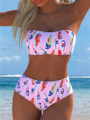 Bikini bandeau pour femmes avec un motif de plumes unique et une taille haute R&B