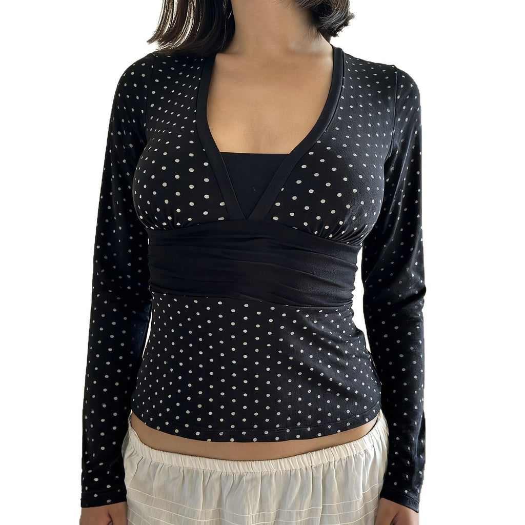 Blouse wrap cintrée pour femmes avec motif à pois, décolleté en V profond et large ceinture Echo Archiv