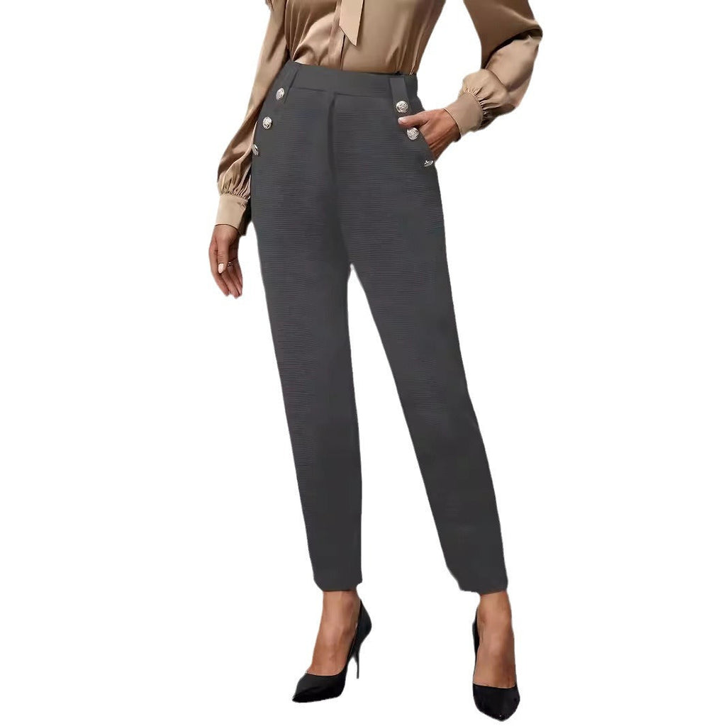 Pantalon de costume taille haute pour femmes avec boutons décoratifs