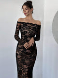 Robe en dentelle ajustée sans épaules pour femmes avec manches longues R&B