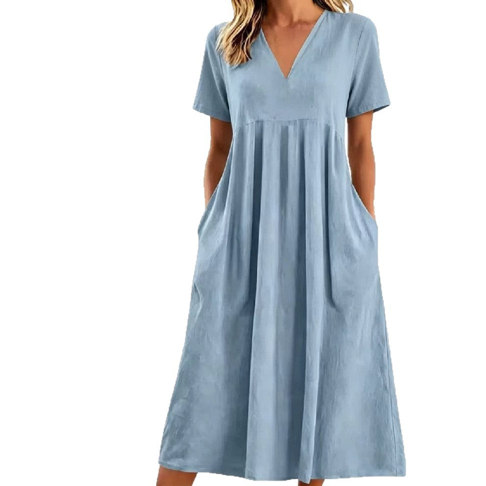 Robe midi à décolleté en V pour femmes avec poches et couture empire froncée R&B