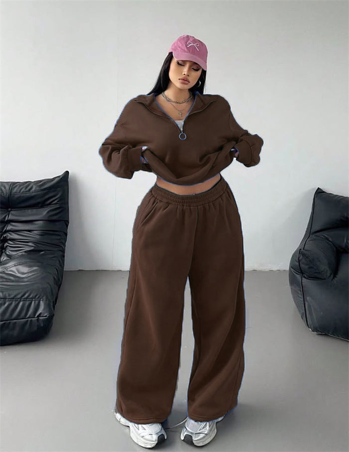 Sweat à capuche zippé cropped en velours pour femmes et pantalon jogging palazzo taille haute large Echo Archiv