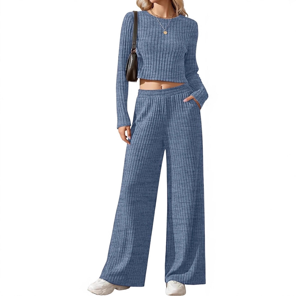 Ensemble Lounge en Tricot Fins Côtelé pour Femmes avec Top à Manches Longues Court et Pantalon Palazzo Taille Haute Echoarchiv
