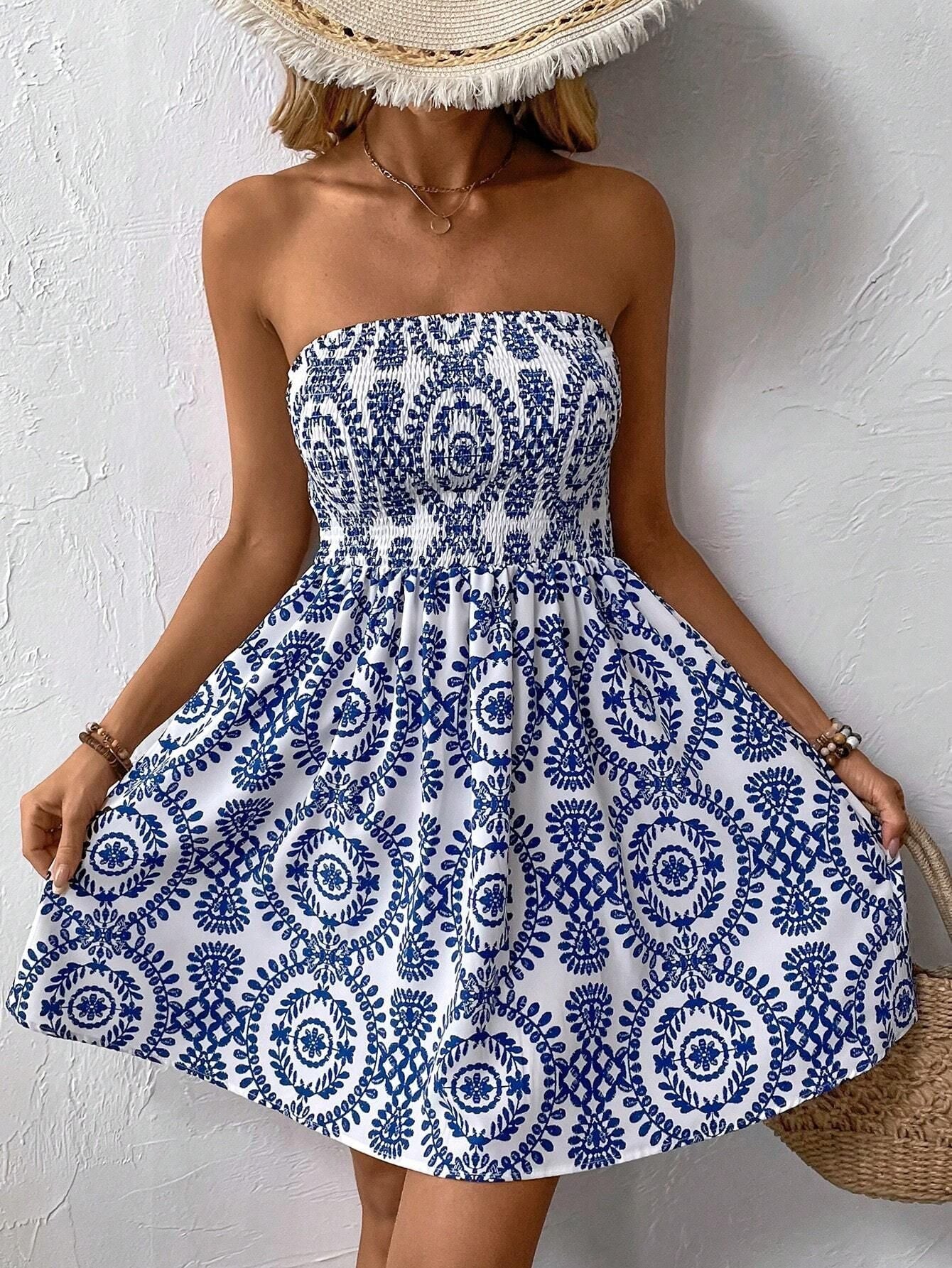 Robe d'été sans épaules pour femmes avec haut froncé et jupe évasée R&B