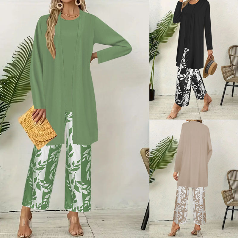 Cardigan long ouvert en maille fine pour femmes avec ourlet droit et pantalon palazzo à imprimé feuillage Set Echoarchiv