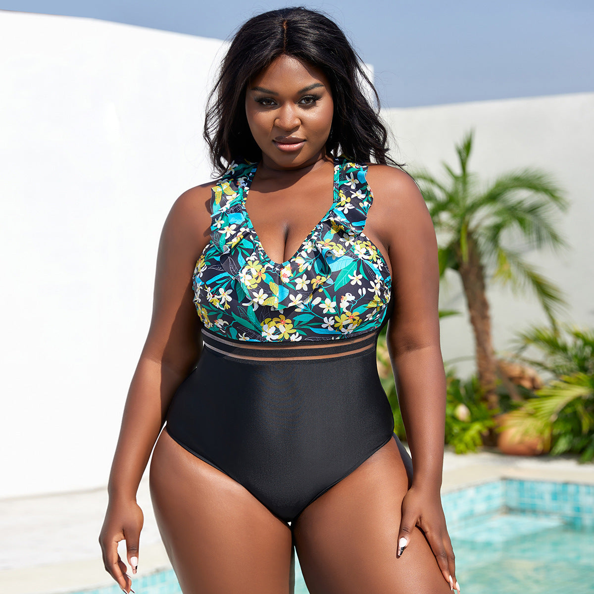 Maillot de bain taille haute pour femmes avec détails en volants et haut floral R&B