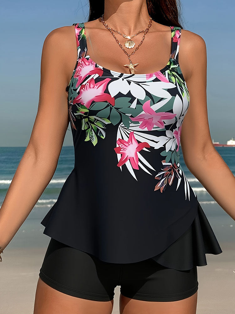 Tankini de sport pour femmes avec design floral et ourlet fluide R&B