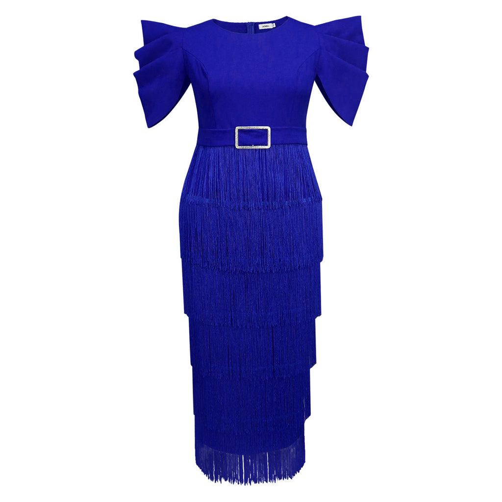 Robe de soirée glamour pour femmes avec épaules volumineuses à volants et franges R&B
